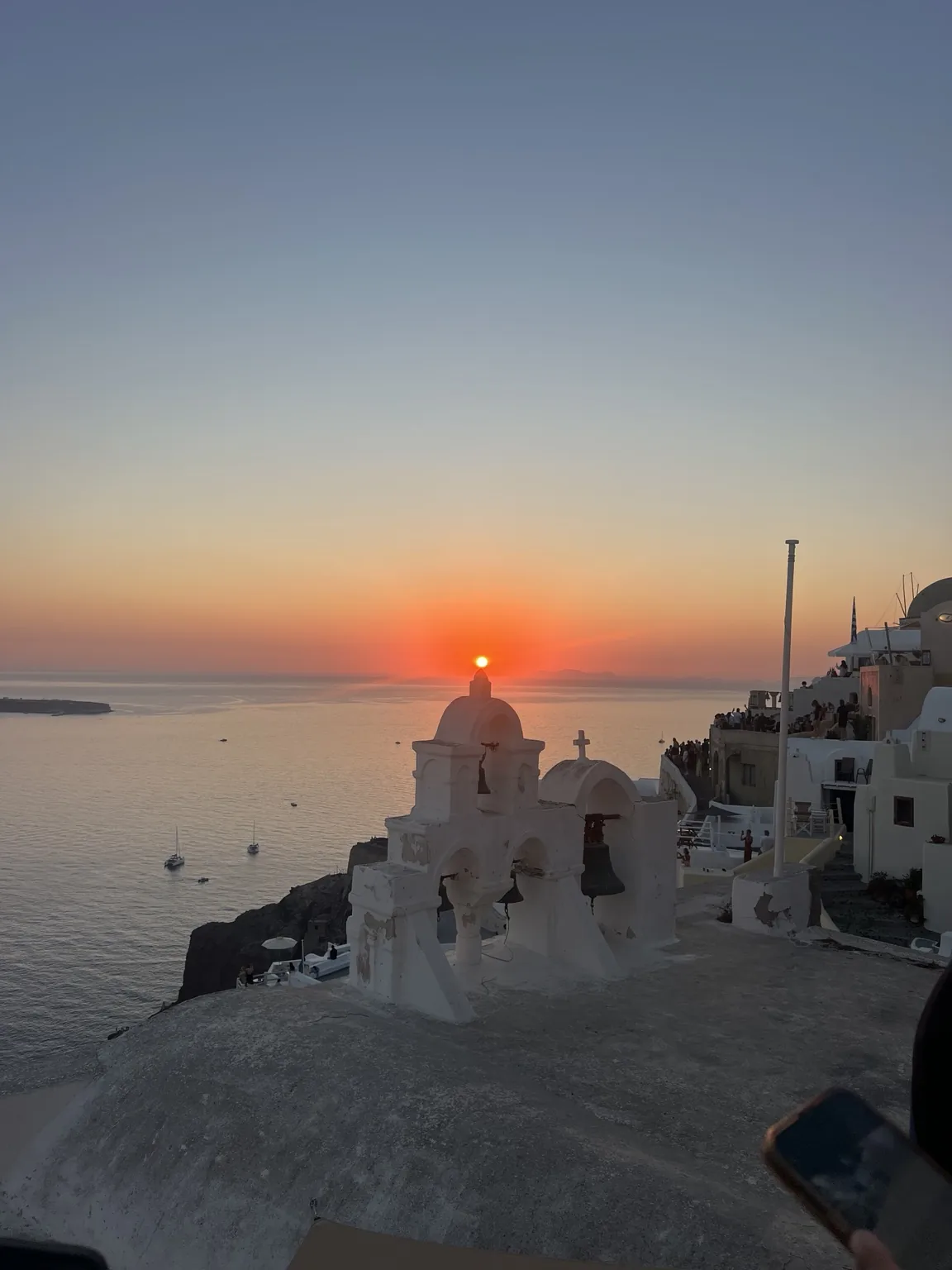 Oia Santorini church bells and sunset